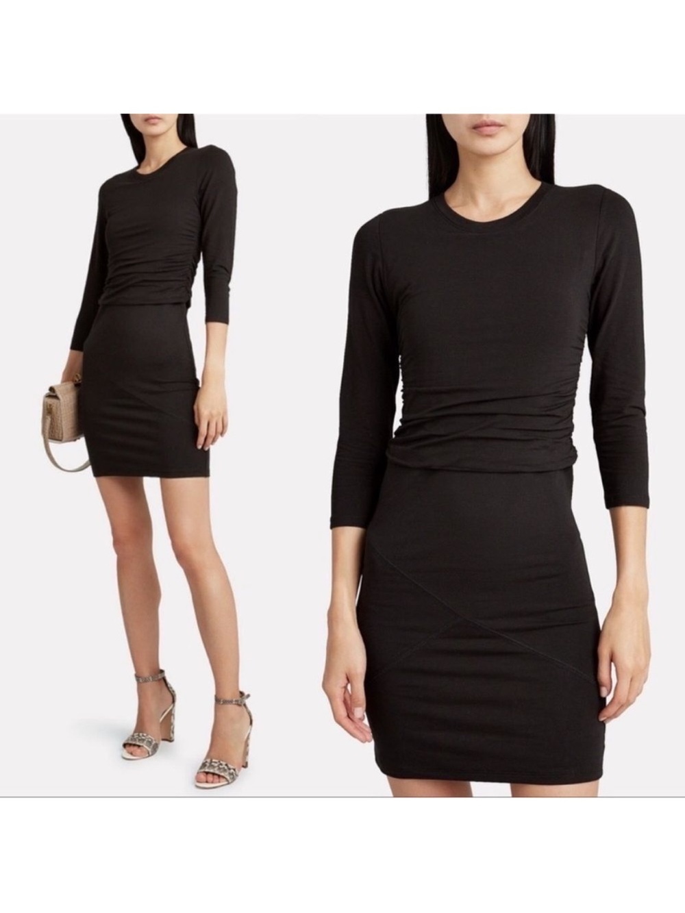 ATM Anthony Thomas Melillo Black Pima Cotton Long Sleeve Ruched Dress Size Small